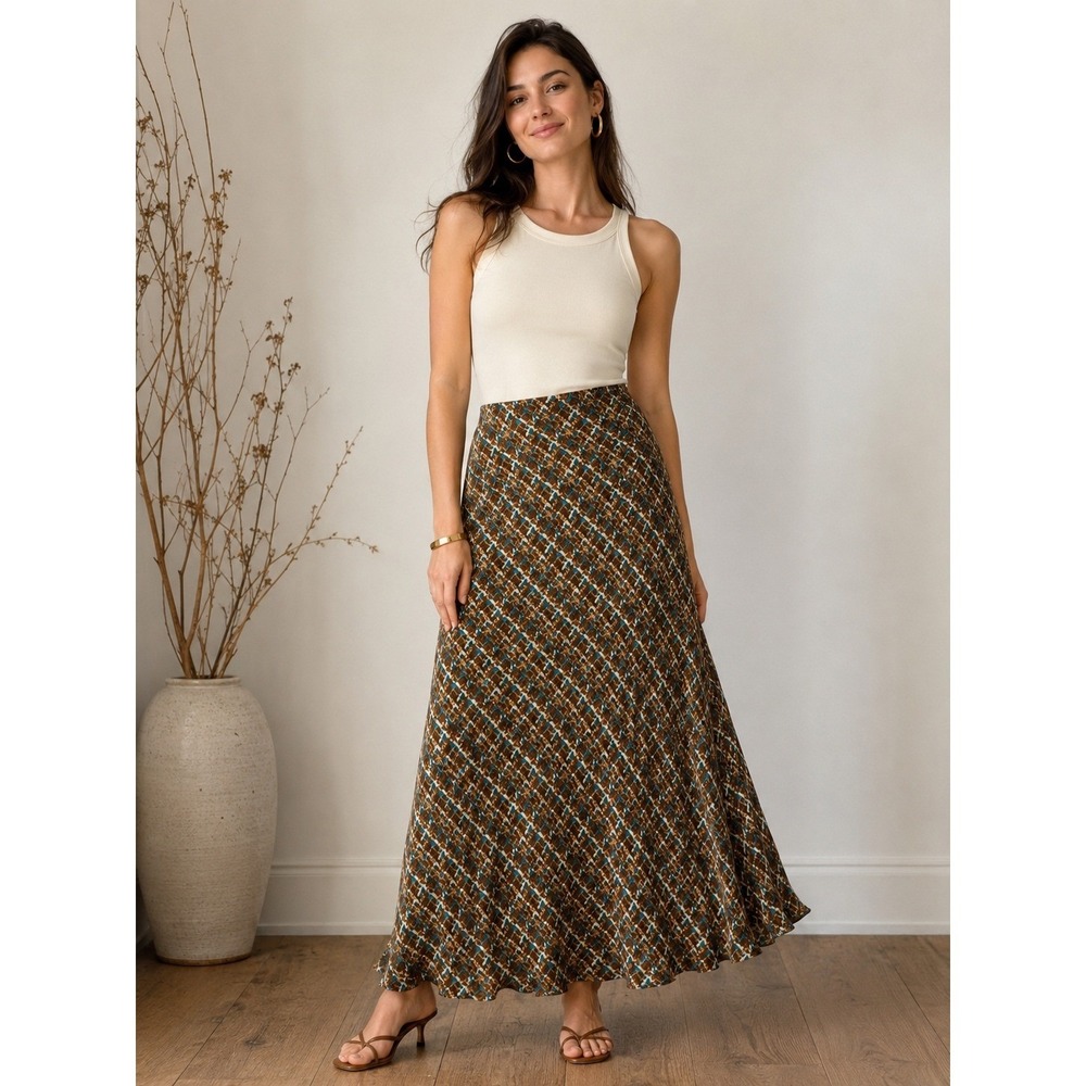 Josephine Chaus 100% Silk Chiffon Maxi Skirt Brown Blue Abstract Print Size 8